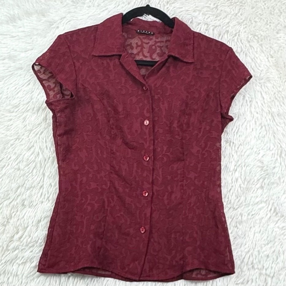 Sisley Italy Burgundy Sheer Burnout Button Up Top